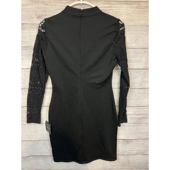 Lulus Black Lace Sleeve Mock Neck Bodycon Mini Dress NWT Small Sexy Party - Picture 2 of 6